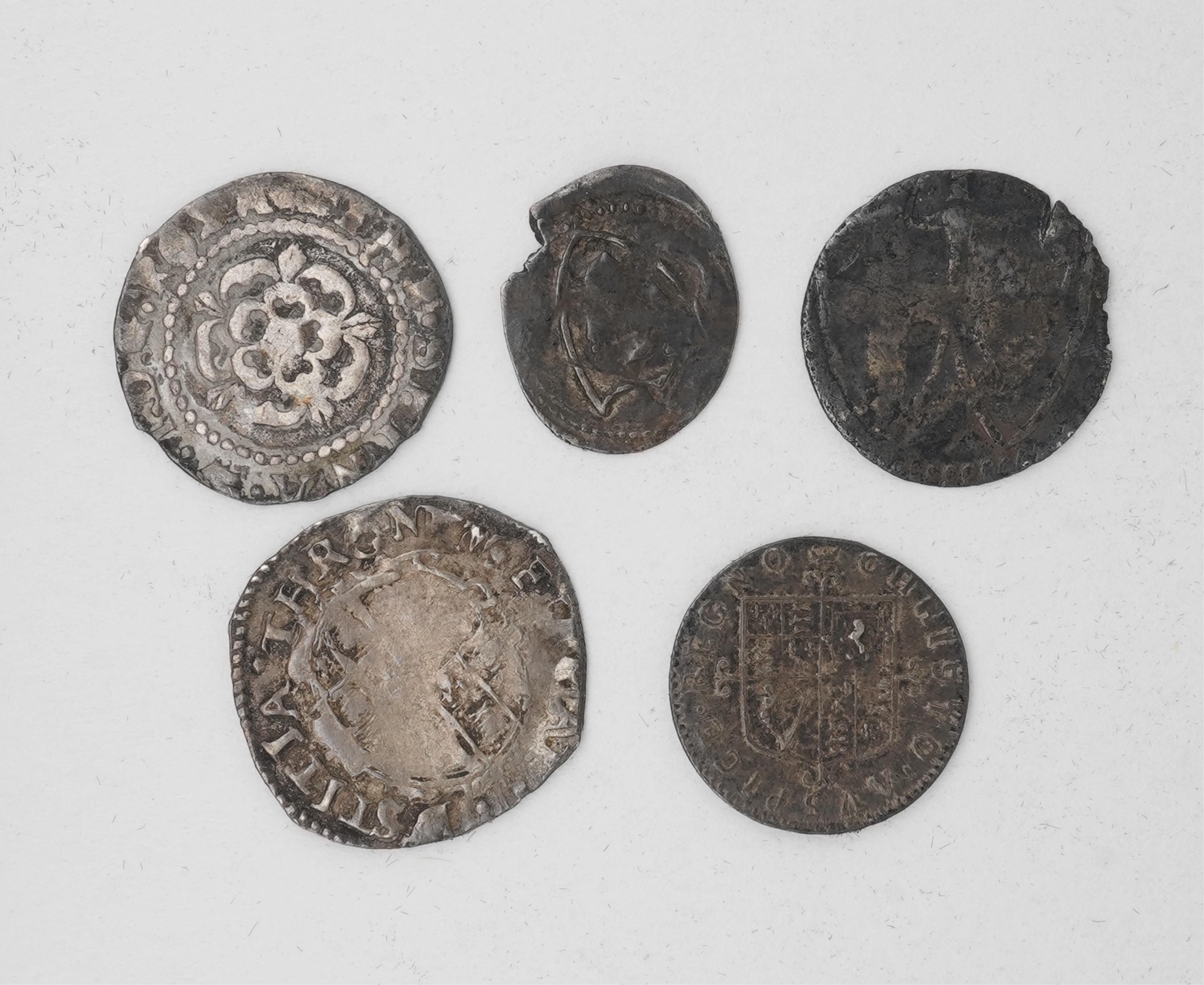 British hammered silver coins, Stuart and Commonwealth period;, James I (1603-25), penny, Commonwealth (1649-60), silver halfpenny, silver penny, Charles I (1625-49), silver penny, Charles II (1660-85), silver penny, (5)